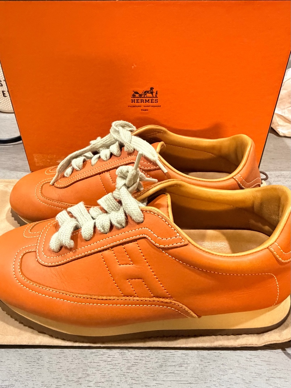 Hermes Orange Leather Women's Sneaker with Cream Laces